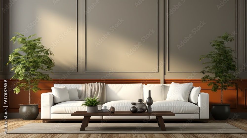 Fototapeta premium Modern interior design of living room with white sofa, coffee table, soft stucco wall. Created with generative AI.