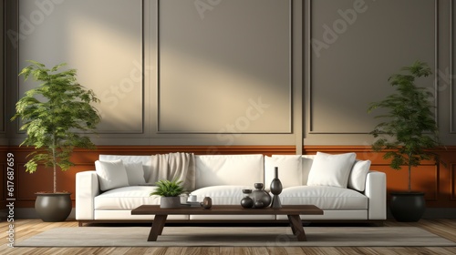 Modern interior design of living room with white sofa  coffee table   soft stucco wall. Created with generative AI.