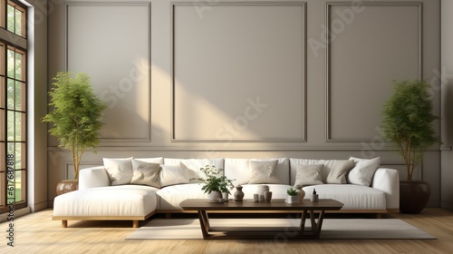 Modern interior design of living room with white sofa, coffee table,  soft stucco wall. Created with generative AI. © Muzaffer Stock