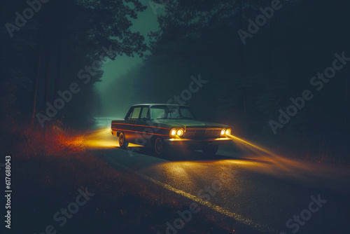 Car driving down road at night with headlights shining on the car. Generative AI. © valentyn640