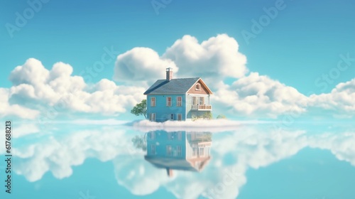 House floating on a cloud with a serene blue sky background, Generative AI.