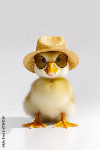 Little duck wearing hat and glasses with hat on its head. Generative AI.