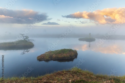 an island with green grass  bushes and clouds in the background