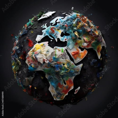 Responsibility and Warning - concept Planet Earth with continents made of various garbage of modern civilization ; Content created using generative artificial intelligence tools.