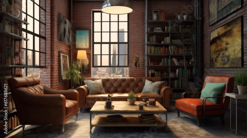 Industrial loft living room interior with a cozy sofa, wooden tables, a stylish lamp, Generative AI.