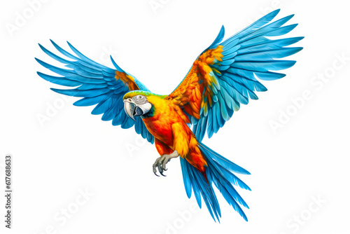 Colorful parrot flying through the air with its wings spread out and it s wings spread. Generative AI.