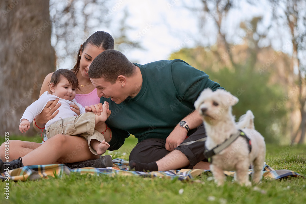 young couple having a picnic sitting on the grass playing with their baby lovingly young couple having a picnic sitting on the grass playing with their baby lovingly