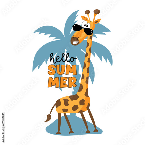 Hello Summer - cute giraffe in sunglasses. Isloated on palmtree background. Good for Baby clothes, greeting card, poster, label, mug, and other decoartion.