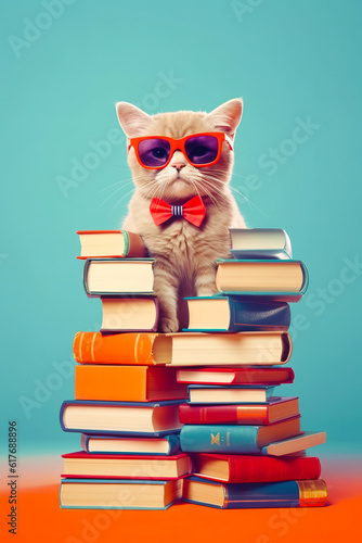 Cat wearing sunglasses and bow tie sitting on top of pile of books. Generative AI.