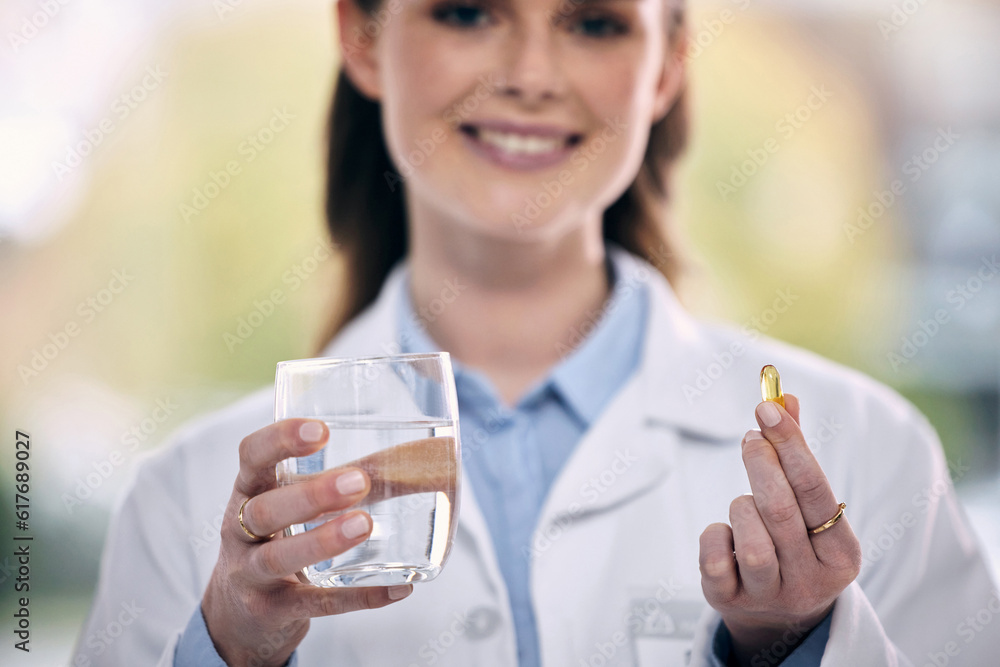 Portrait, water glass or doctor in hospital with pills or supplements for healthcare vitamins or medicine. Smile, medication tablets or hands of happy medical worker giving cure for allergy or pain Portrait, water glass or doctor in hospital with pills or supplements for healthcare vitamins or medicine. Smile, medication tablets or hands of happy medical worker giving cure for allergy or pain