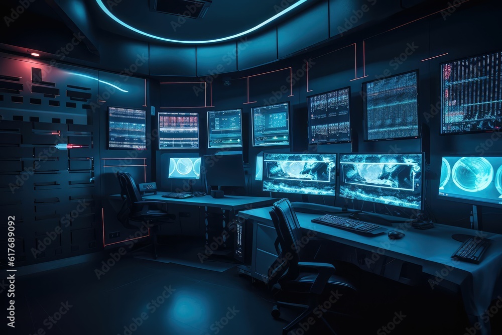 Monitors and empty desk in control room Monitors and empty desk in control room