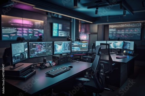 Monitors and empty desk in control room photo