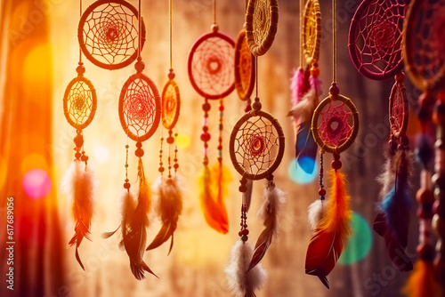 Group of colorful dream catchers hanging from string on wall. Generative AI.