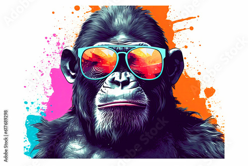 Generative AI illustration of a monkey logo, a chimpanzee wearing sunglasses on a white isolated background. © Anastasia