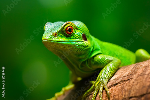 Close up of green lizard on branch with blurry background. Generative AI.