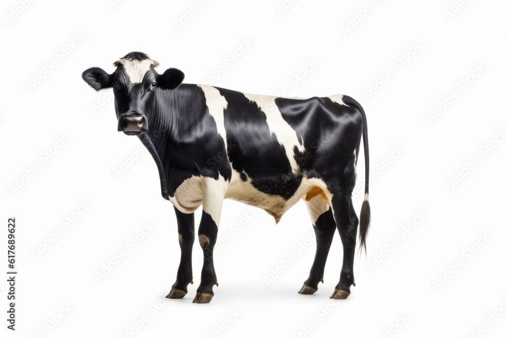 Black and white cow standing in front of white background and looking at the camera. Generative AI.