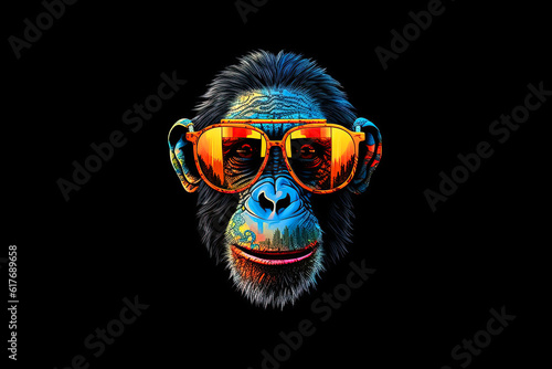 Graphic logo of a monkey, a chimpanzee in sunglasses. Generative AI illustration on a black isolated background. © Anastasia