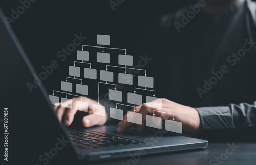 Businessman uses a laptop computer to make hierarchy structure. Company process and flowchart for workflow automation. Mindmap or Organigram. Relations of order or subordination between team members.