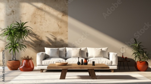 Modern interior design of living room with white sofa, coffee table, soft stucco wall. Created with generative AI.