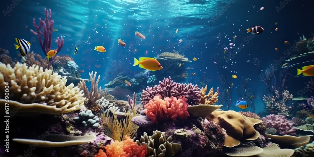 AI Generated. AI Generative. Underwater scuba dining scene background. Shell, starfish, coral, fish surface. Adventure vacation explore vibe. Graphic Art