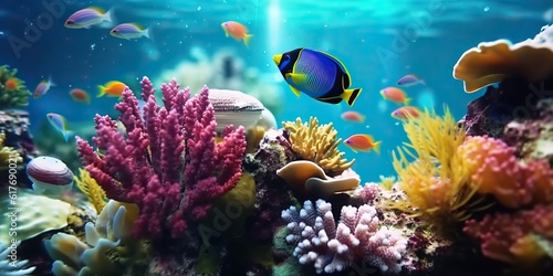 AI Generated. AI Generative. Underwater scuba dining scene background. Shell, starfish, coral, fish surface. Adventure vacation explore vibe. Graphic Art