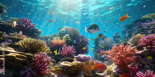 AI Generated. AI Generative. Underwater scuba dining scene background. Shell, starfish, coral, fish surface. Adventure vacation explore vibe. Graphic Art © AkimD
