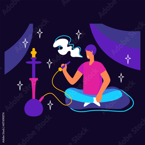 Man sitting on floor in lotus position, holding pipe and smoking in bar. Vapor party. Lounge club, traditional oriental leisure. Flat vector illustration in purple and pink colors