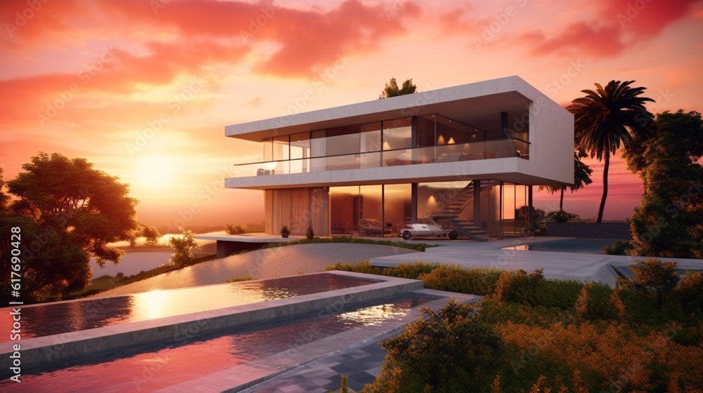 Luxury modern house of a beautiful sunset, Generative AI.
