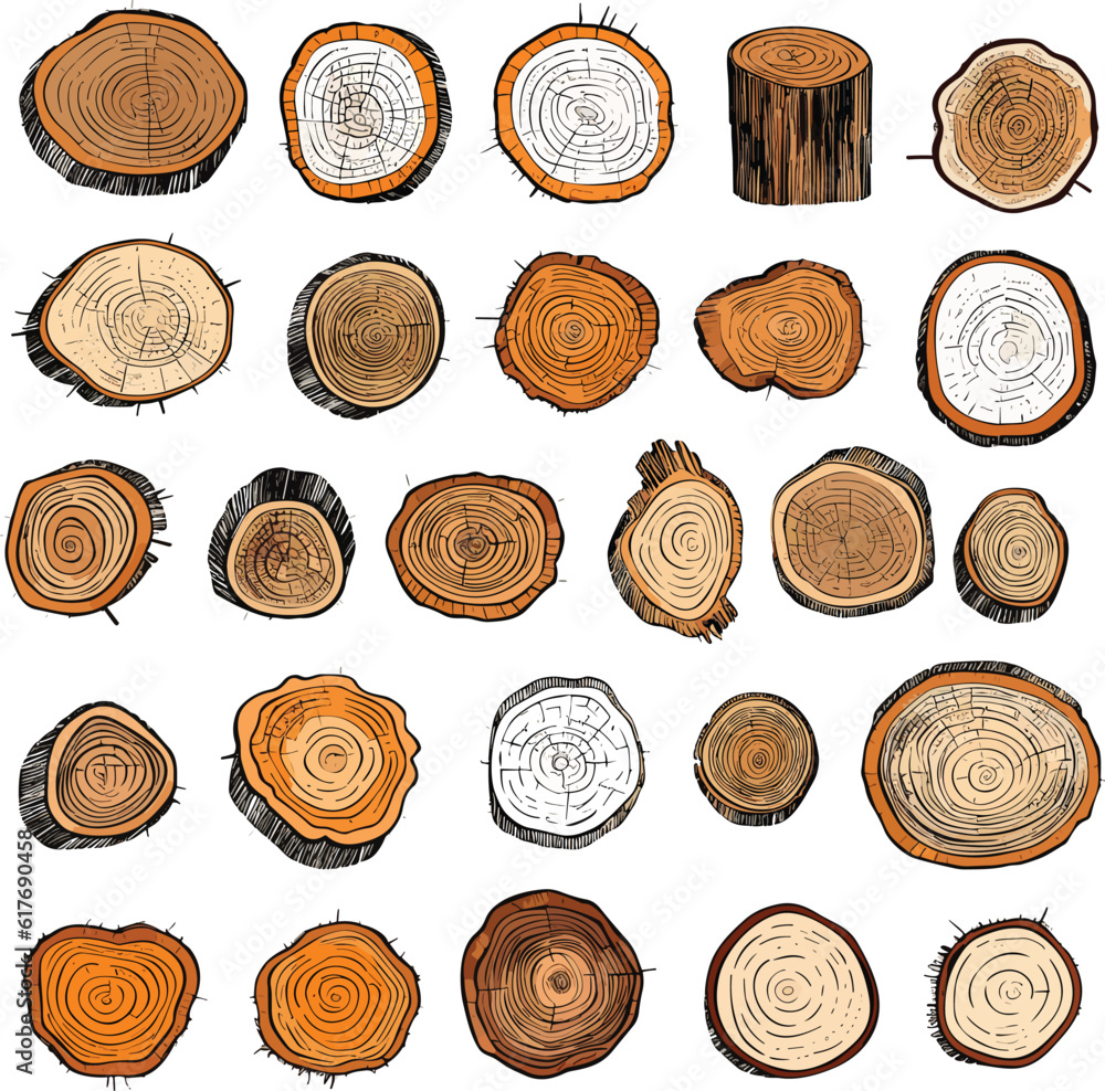 Hand drawn flat wood slices set art with small lines Hand drawn flat wood slices set art with small lines