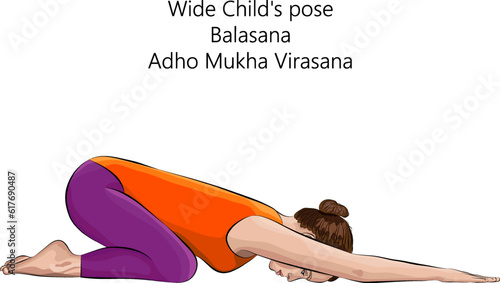 Young woman practicing yoga exercise, doing Wide Child pose. Downward Facing Hero or Forward Facing Hero pose. Balasana. Adho Mukha Virasana. Prone and Forward Bend. Isolated vector illustration.