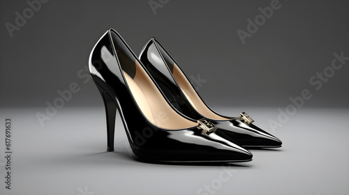 Woman black leather shoes on isolate grey background created with Generative AI