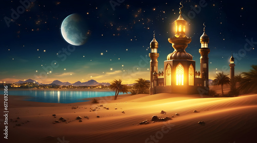 Ramadan Kareem month with glowing lantern on the background of the old city with mosque created with Generative AI
