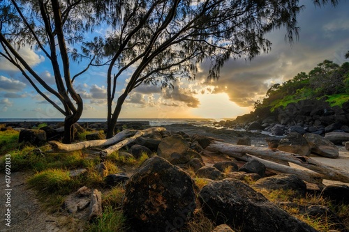 Sunrise over a storm-ravaged coastline in Snapper Rocks, Qld, Australia.