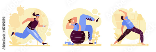 Strong female running outside. Female training with fitness ball. Lady doing yoga exercise. Morning training time. Concept of doing workout. Vector flat illustration in blue and yellow colors