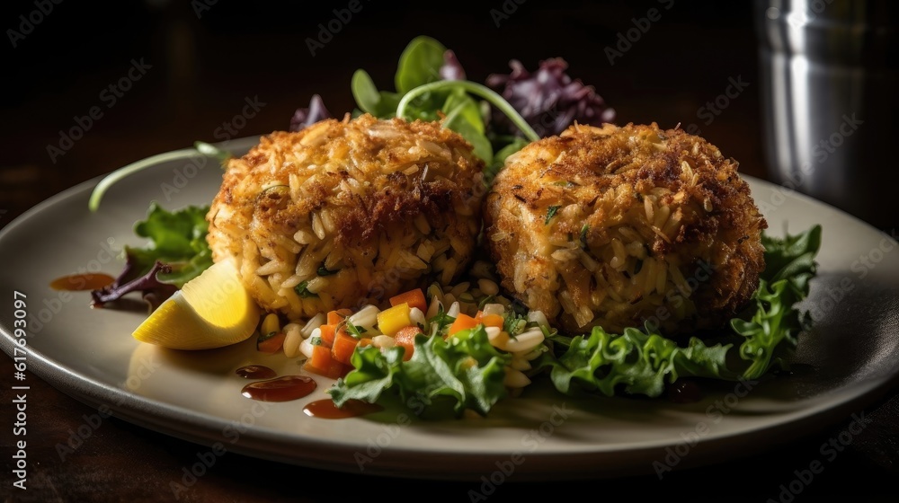 Maryland Crab Cakes with chopped greens on a wooden plate with a blurred background Maryland Crab Cakes with chopped greens on a wooden plate with a blurred background
