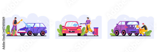 Set of people washing cars outside. Man using device cleans dirt on machine under high water pressure. Place for auto transport wash. Flat vector illustration in cartoon style