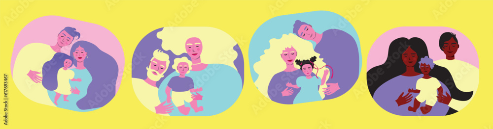 Parents with children, set or collection for design, flat vector stock illustration