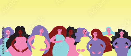 Group of pregnant women as copy space template for design, flat vector stock illustration