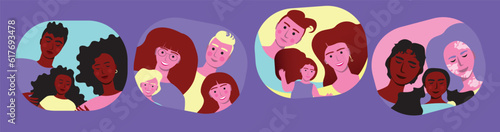 Parents with children as family concept isolated, set of diverse families, flat vector stock illustration