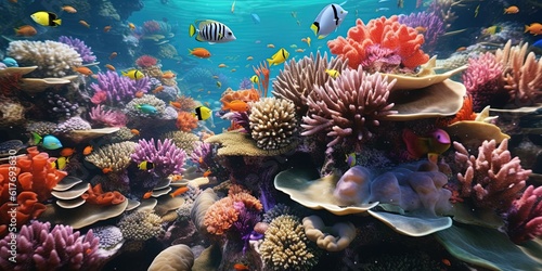 Coral reef with multicolored fishes, underwater view of detailed realistic ocean life in vivid colors