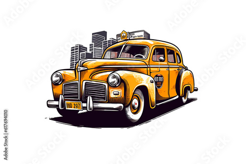 Yellow vintage car painting on a white background