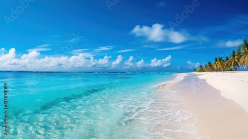 Tropical summer sand beach and bokeh sun light on sea background. Generative AI © Viktor