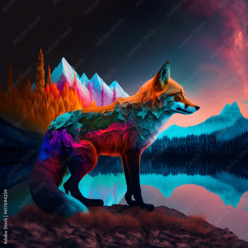 AI generated illustration of a majestic fox illuminated by vibrant, colorful lights