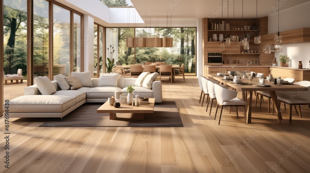 Fototapeta premium Interior design of modern scandinavian apartment, living room and dining room. Created with generative AI.