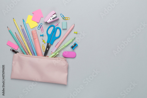 Tela Pink pencil case with school stationery on color backgroung, top view