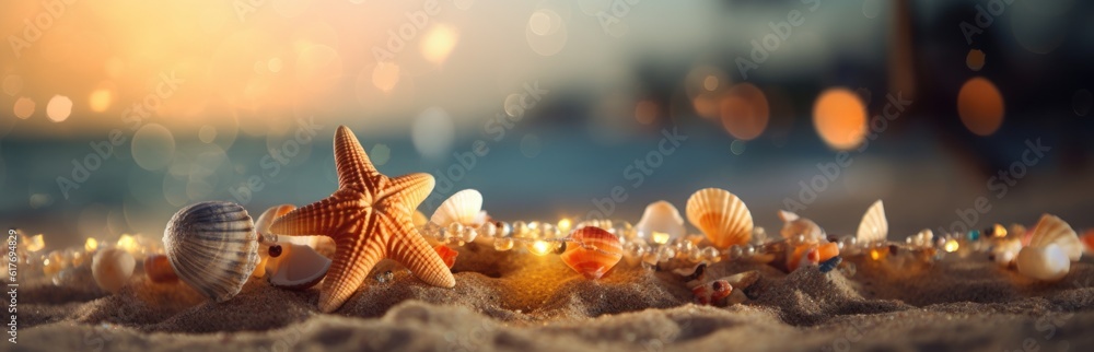 Tropical summer sand beach and bokeh sun light on sea background. Generative AI Tropical summer sand beach and bokeh sun light on sea background. Generative AI