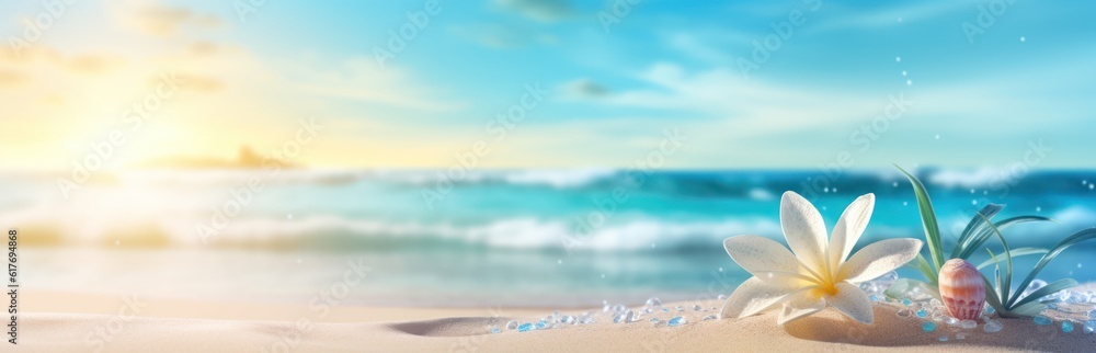 Tropical summer sand beach and bokeh sun light on sea background. Generative AI