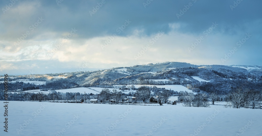 Obraz premium Tranquil winter landscape featuring a snow-covered field with trees and distant mountains