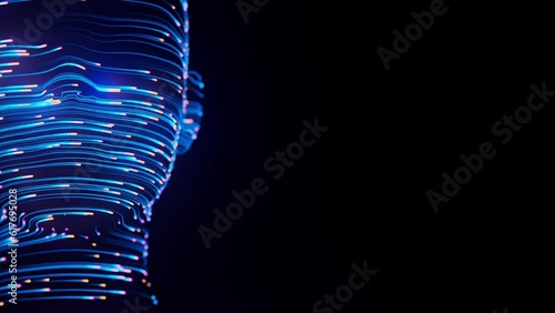 Human face abstract digital animation. 3D rendering of artificial intelligence. Concept of big data cyber security or metaverse.