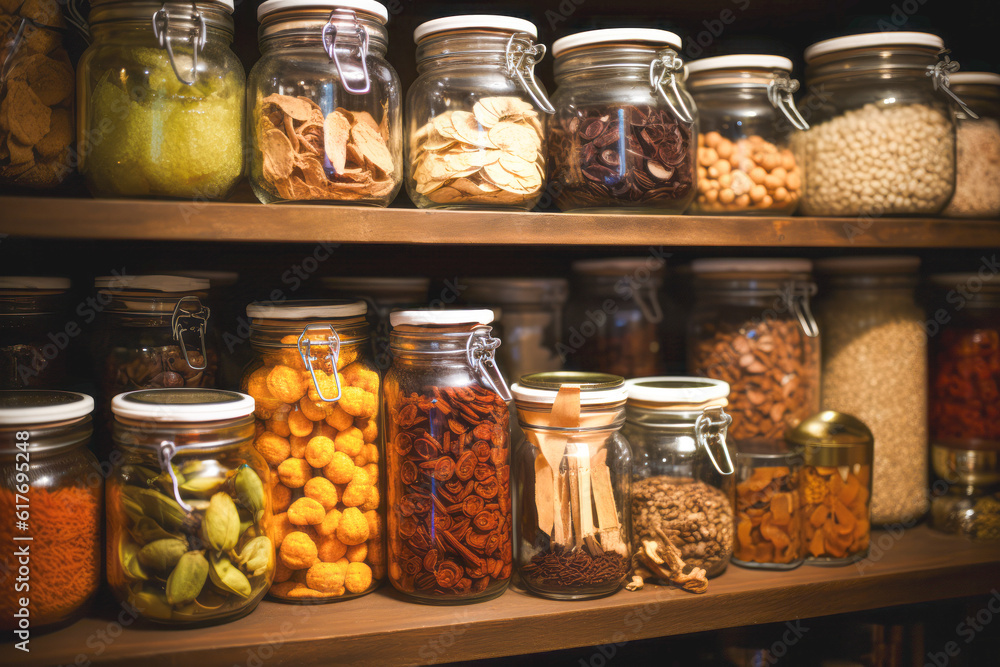 a close-up shot of an organized pantry shelves a close-up shot of an organized pantry shelves